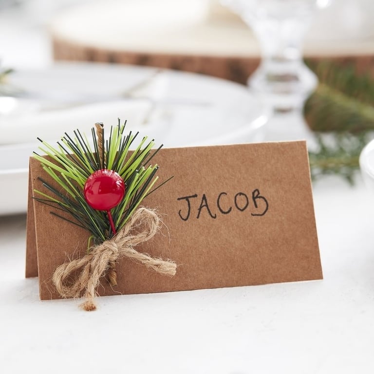 Snow Place Card with Elegant Foliage Holiday Tableware Decoration