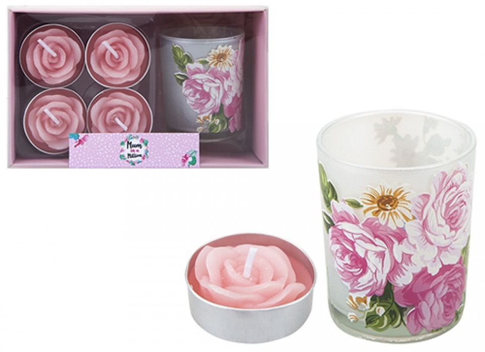 Floral Votive & Pink Rose Scented Candle Gift Set