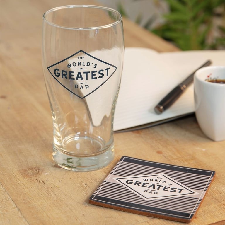 Worlds Greatest Dad Pint Glass & Coaster Gift Set - Personalized Beer Mug and Home Bar Accessory