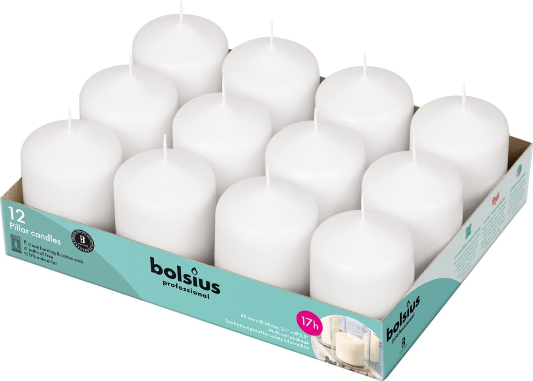 Bolsius 12 Piece Professional White Pillar Candles for Home Decor, Bathroom Use, 78mm & 58mm Sizes