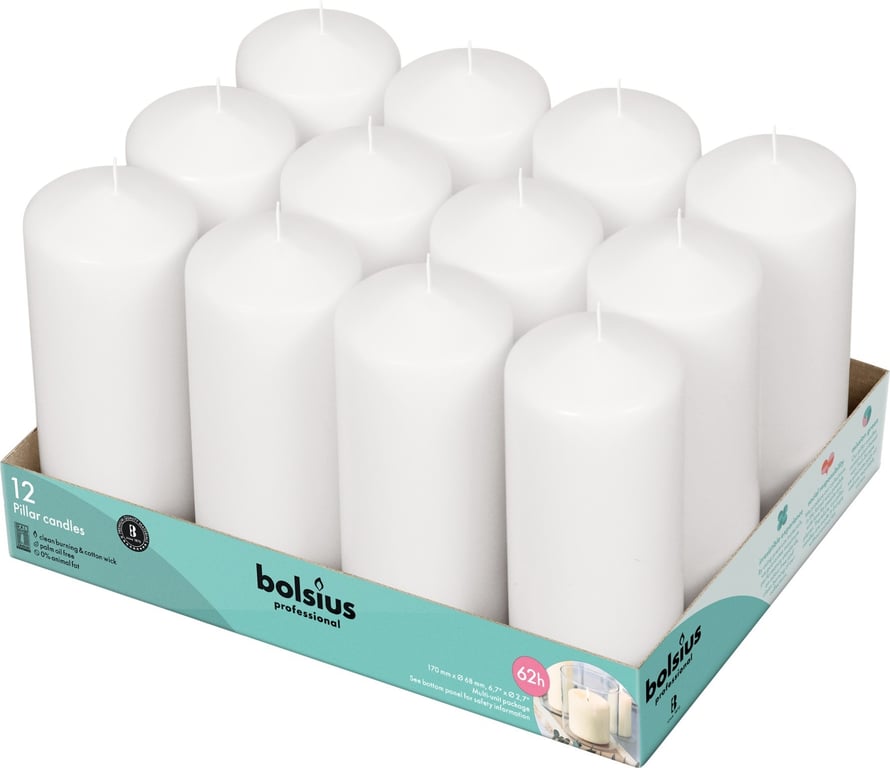 12 Bolsius Professional White Pillar Candles (Set of 12) - High-Quality Home Decor Lighting Solution
