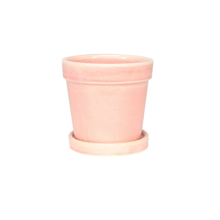 Vintage Pink Stoneware Painted Pot Set with Matching Saucer - Home Decor Kitchenware