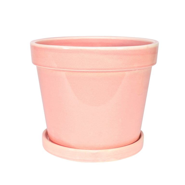 Vintage Pink Stoneware Painted Ceramic Pot Set with Matching Saucer - 17cm x 15cm Home Decor