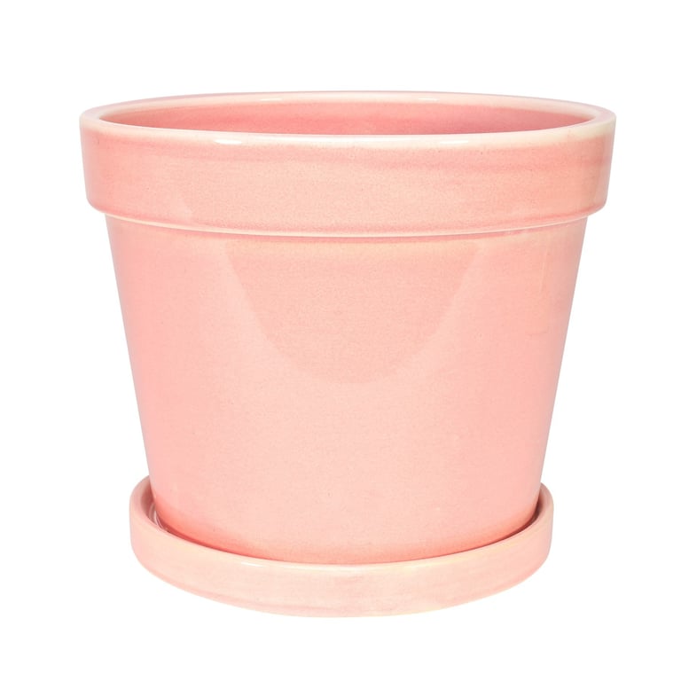 Vintage Pink Stoneware Painted Pot with Matching Saucer - Home Decor Accent