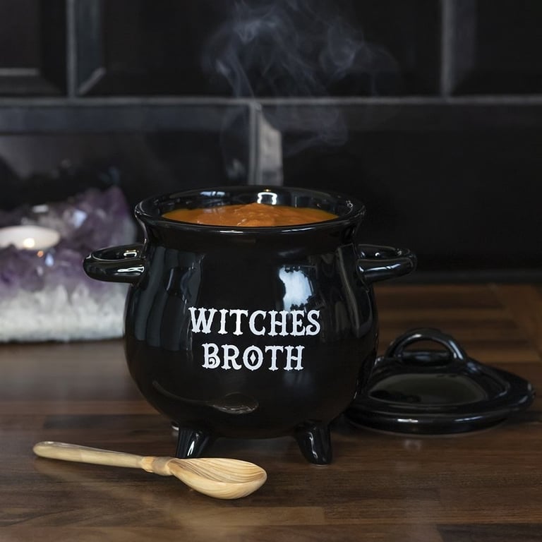 Witches Broth Cauldron Soup Bowl With Broom Spoon - Witch Kitchenware Halloween Decor