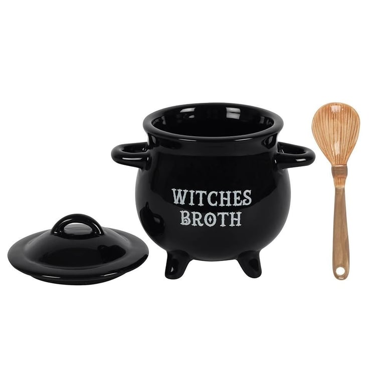 Witches Broth Cauldron Soup Bowl With Broom Spoon - Witch Kitchenware Halloween Decor