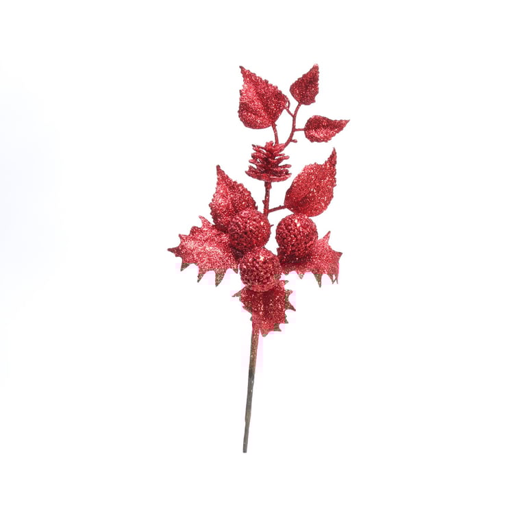 Red Glittered Holly Spray (38cm) - Festive Holiday Decoration for Home and Garden