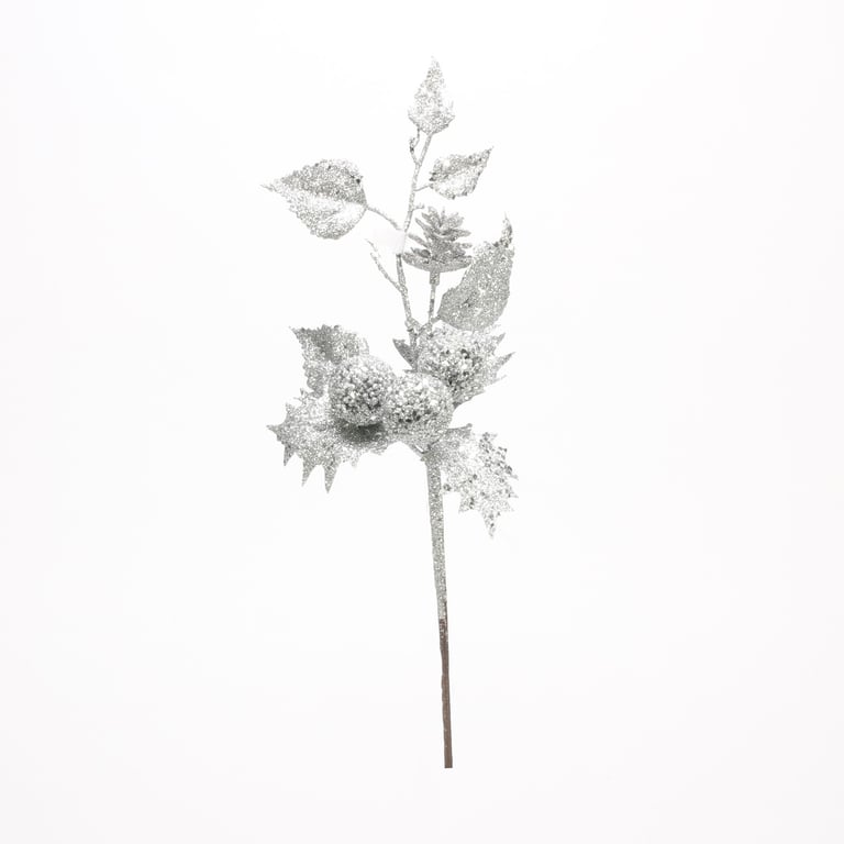 Silver Glittered Holly Spray - Festive 38cm Decor for Holiday Season