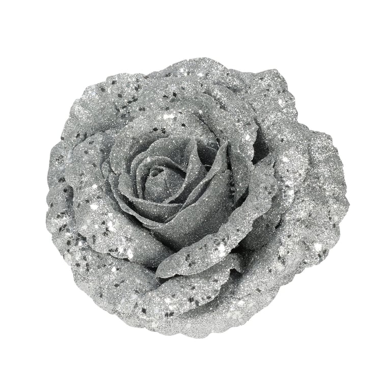 Silver Glitter Rose with Clip - Large Diameter Home Decor Decoration