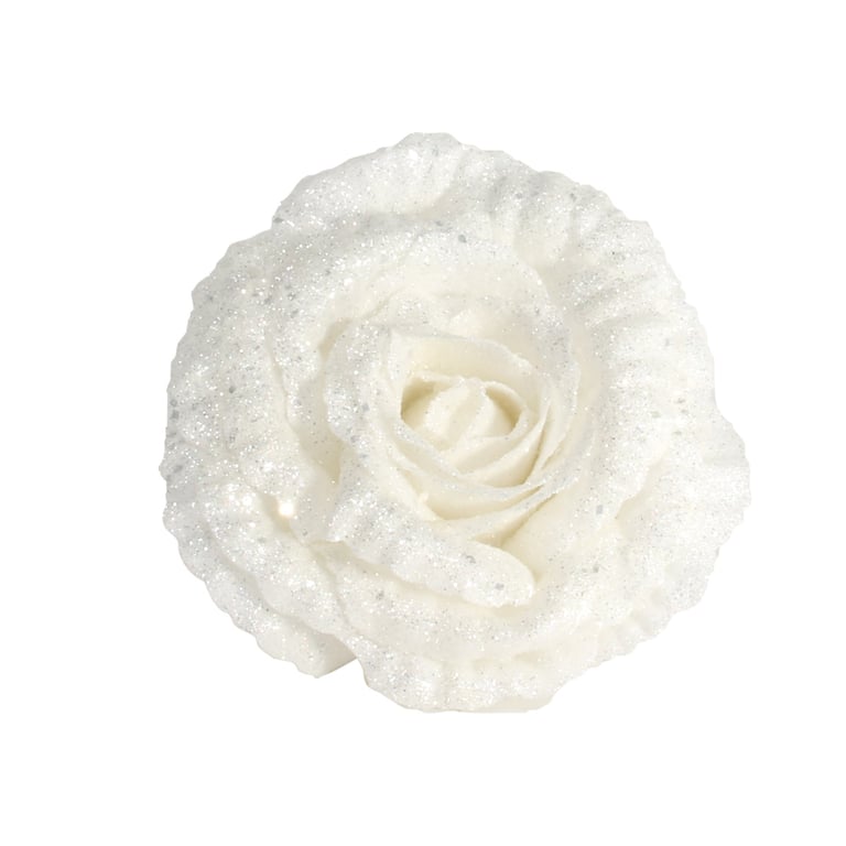 White Rose with Glitter and Clip - 18cm Large Floral Decoration for Home & Party Decor