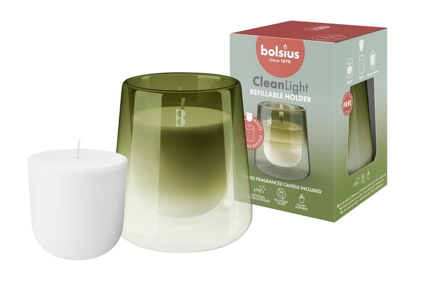 Green Glass Bolsius Clean Light Starter Kit - Gardenia & Fig Fragrance with Indoor Plant Lighting