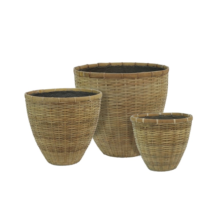 Hortus Classic Rounded Tapered Bamboo Planter Set - Rustic Home Garden Decor & Plant Pots