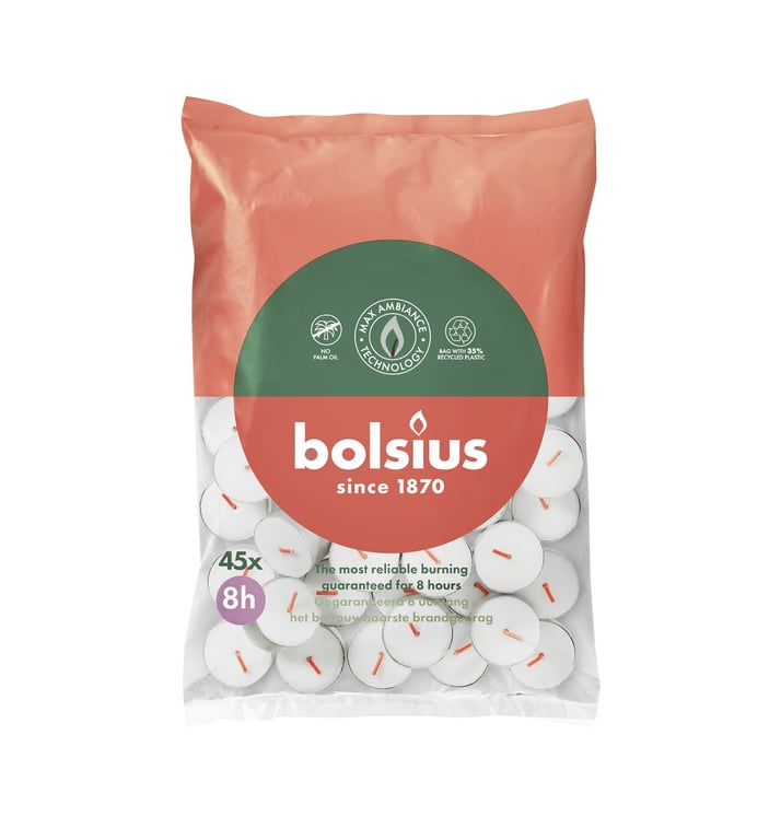 Bolsius White Tealights - Set of 45 High-Quality Scented Tea Lights for Home and Garden Lighting