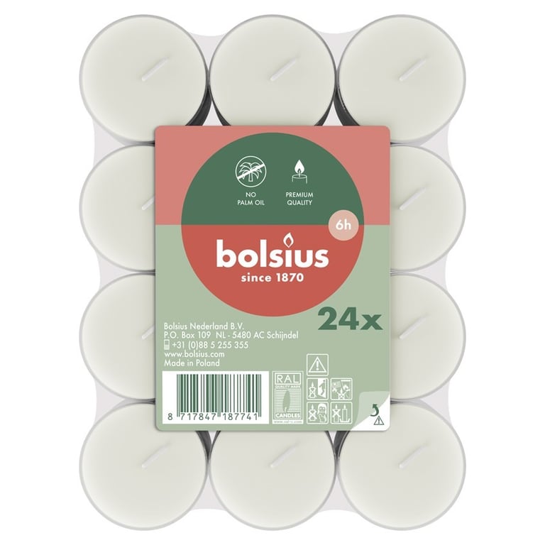 Bolsius Clear Cup Tealights - 24 White Candles for Home Ambiance Lighting