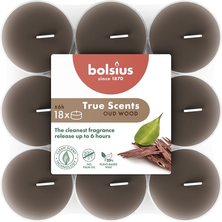 Bolsius True Scents Clear Cup Tealights - Oud Wood Home Fragrance (18 Pack)