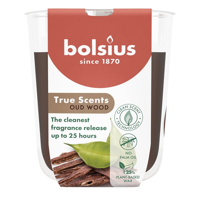Bolsius True Scents Fragrance Small Glass Oud Wood Candle - Home Fragrance with Authentic Woody Scent