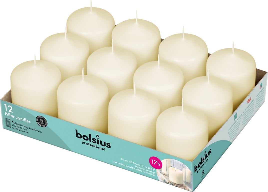 Ivory 12-Pack Professional Pillar Candles - High-Quality Home Decor (78/58mm)