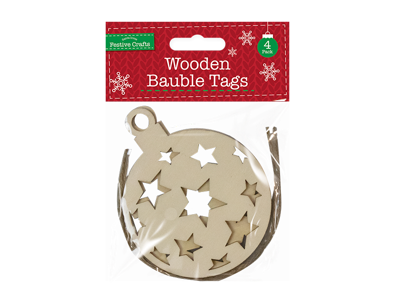Wooden Baubles Tags - 4 Pack Christmas Decorations & Holiday Ornaments for Home Decor