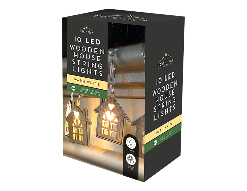 10 LED Wooden House String Lights - Warm Ambiance Home Decor and Party Lighting