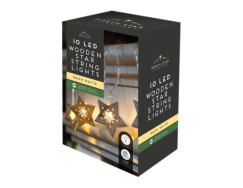 10 LED Wooden Star String Lights - Add Warm Ambiance to Your Home & Garden with Holiday Cheer
