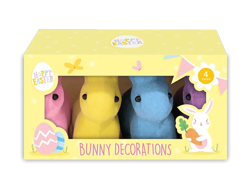 Mini Flocked Bunny Decorations - Set of 4 Seasonal Holiday Ornaments for Home Decor