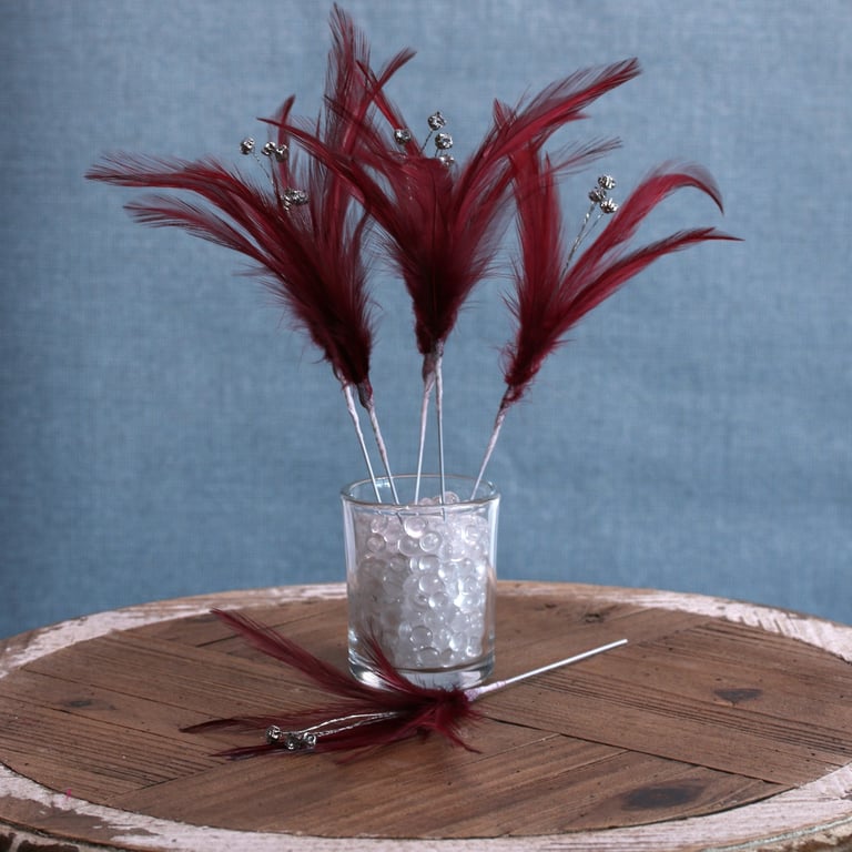 Burgundy Diamante Feathers - 6 Pack Ornamental Craft Embellishments for Home Decor and Crafting