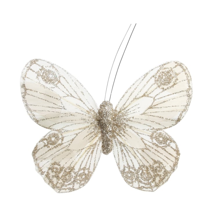 Cream Gold Feather & Glitter Butterflies (Pack of 12) - Home Decor Party Supplies