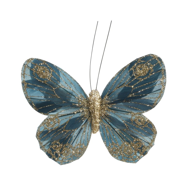 Petrol Green Feather & Glitter Butterflies - 12cm Pack of 12 Decorative Home and Garden Accents for Parties and Events