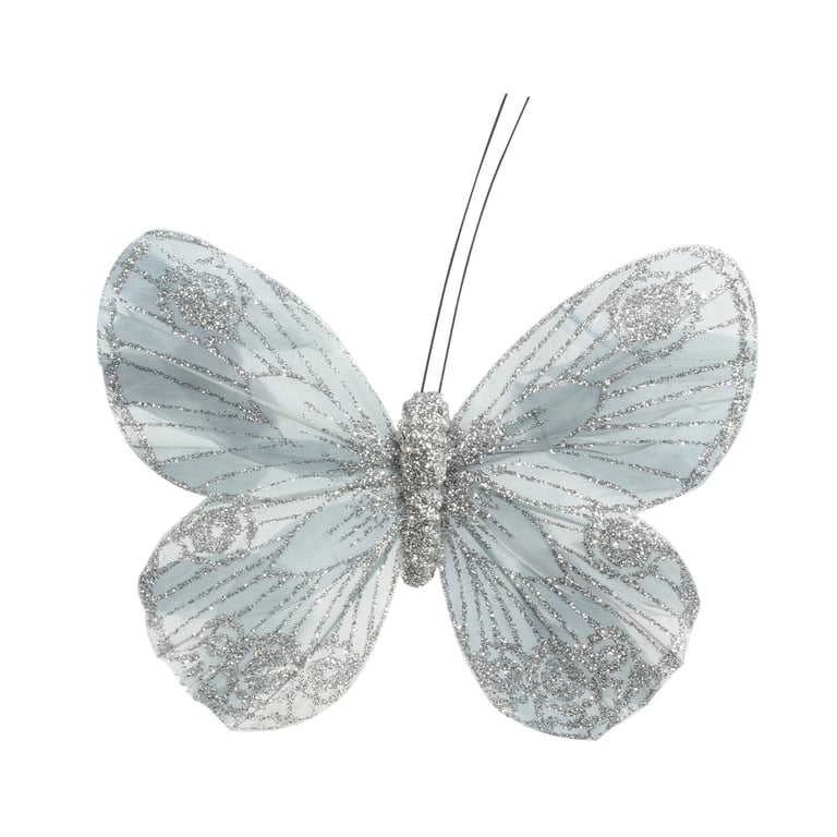 Silver Feather & Glitter Butterfly Decorations - Pack of 12 Home Decor Party Supplies