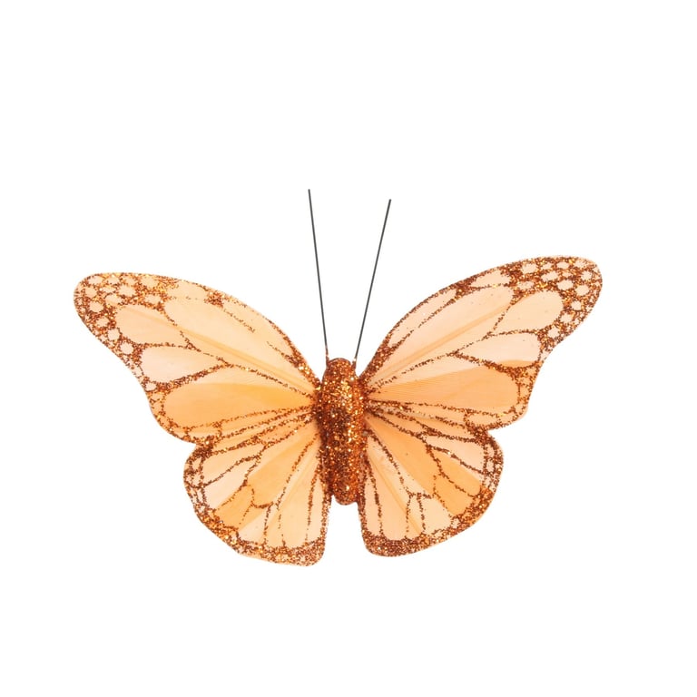 8cm Orange Feather & Glitter Butterfly Decorations (Pack of 12) - Perfect Home Decor and Party Additions