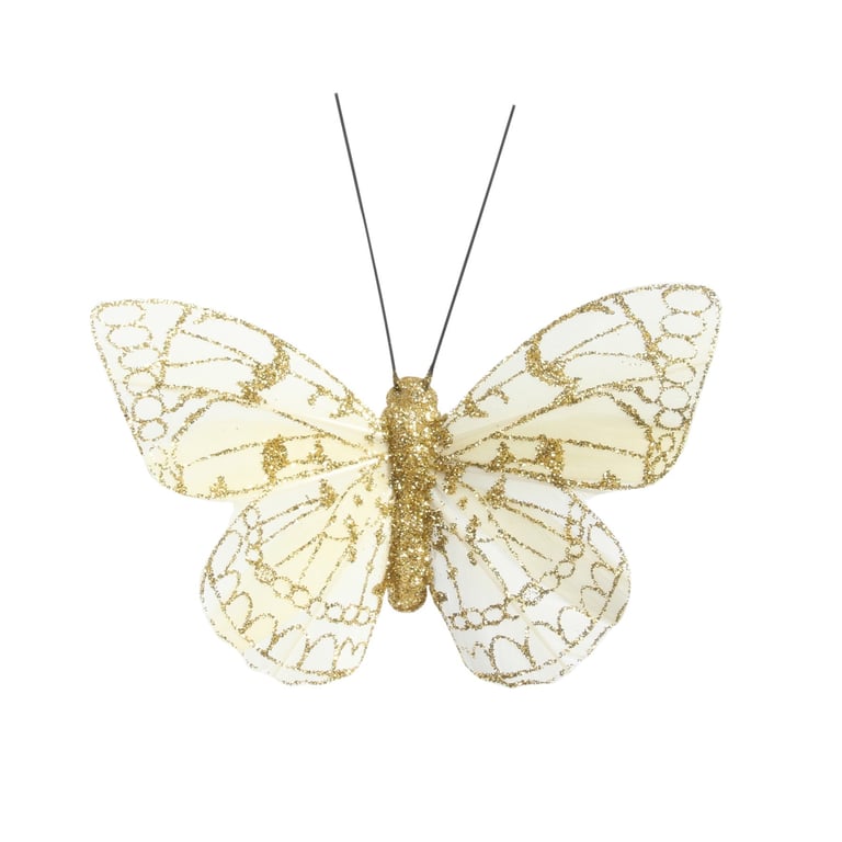 8cm Gold Glitter Butterfly Decorations - Pack of 12 Feather Embellishments for Home, Party & Craft Use