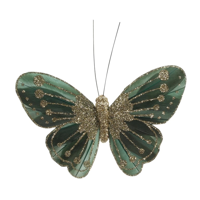 Forest Green Feather & Glitter Butterfly Decorations (Pack of 12) - Perfect Home Decor Accents for Parties and Crafts