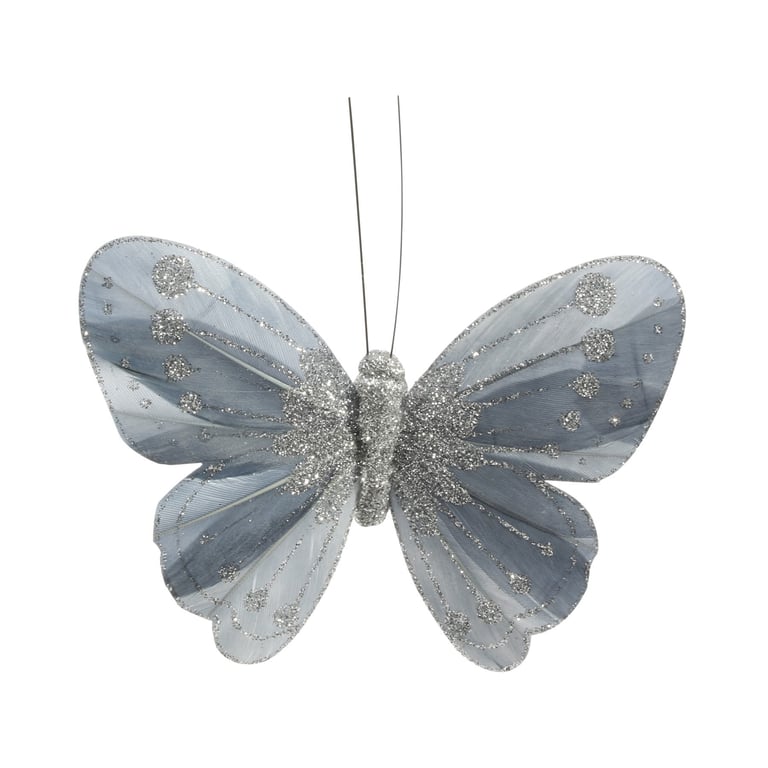 Silver Feather Butterflies - Pack of 12 Decorative Glitter Accents for Home & Garden Party Decorations