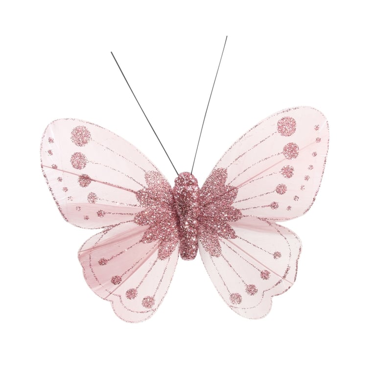 Light Pink Feather & Glitter Butterflies - Pack of 12 Decorative Party Supplies for Home and Garden