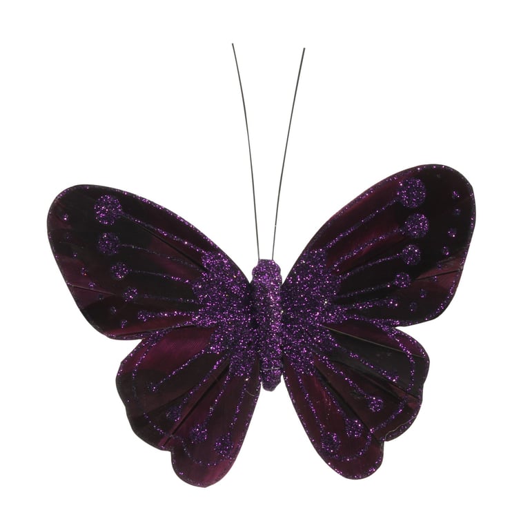 Dark Purple Feather & Glitter Butterflies - Home Decor Pack of 12