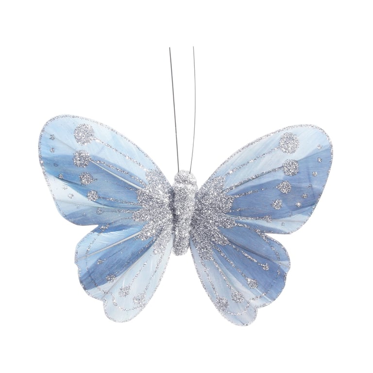 Blue Glitter Butterfly Decorations - Set of 12 Shaded Feathers (11.5cm) for Home and Party Crafting Supplies