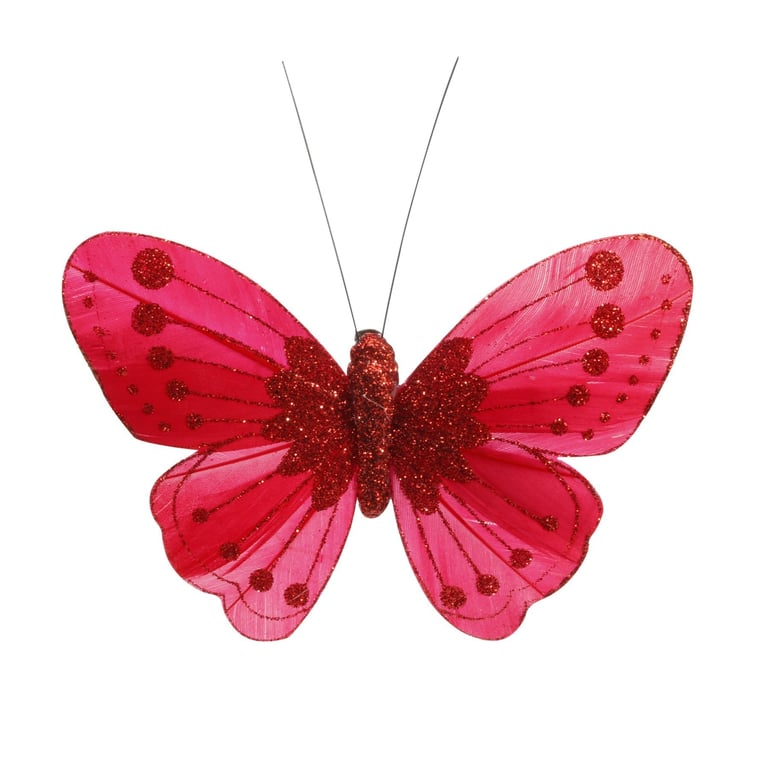 Red Feather & Glitter Butterfly Decorations, Pack of 12, 11.5cm Home and Party Decoration