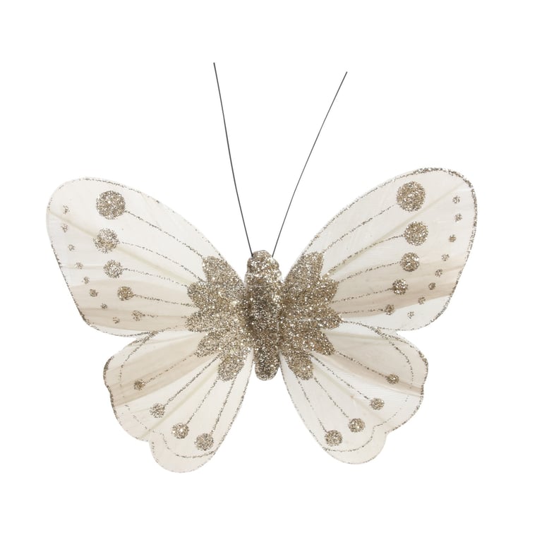 Ivory/Gold Feather & Glitter Butterflies - Pack of 12 Decorative Ornaments