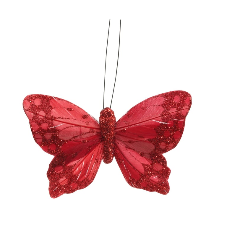Red Feather & Glitter Butterflies (Pack of 12) - Decorative Party Supplies and Craft Materials
