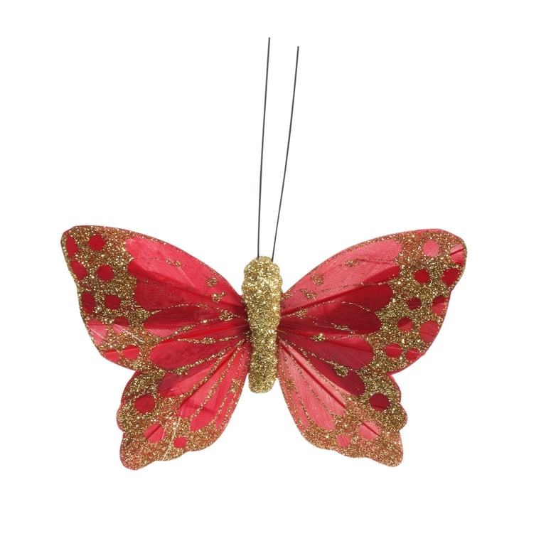 9cm Red/Gold Feather & Glitter Butterfly Decorations - Pack of 12
