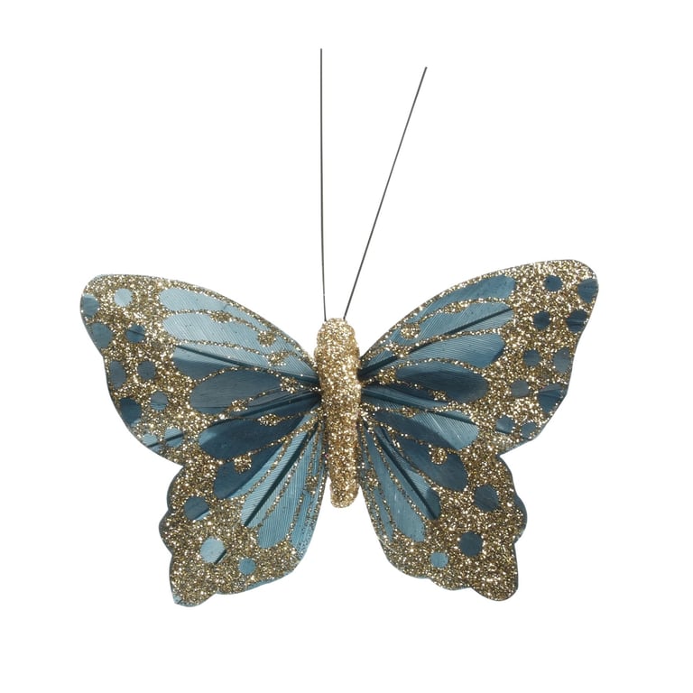 9cm Petrol Green Feather & Glitter Butterfly Pack of 12 Decorations for Home Party Craft Use