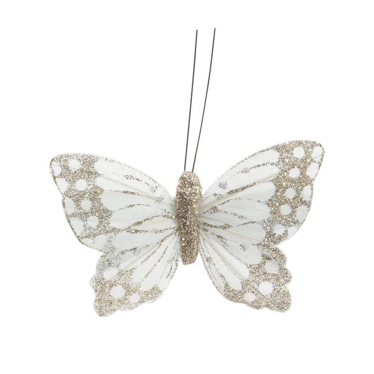 Golden Ivory Feather & Glitter Butterfly Decorations (Pack of 12) - Party Supplies & Home Decor Accents