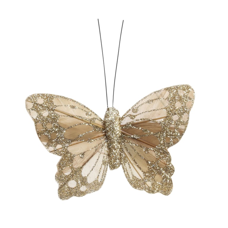 Gold Feather & Glitter Butterfly Decorations - Pack of 12