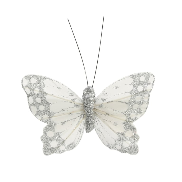 Silver Ivory Feather & Glitter Butterfly Decorations (Pack of 12) - Home Party Supplies