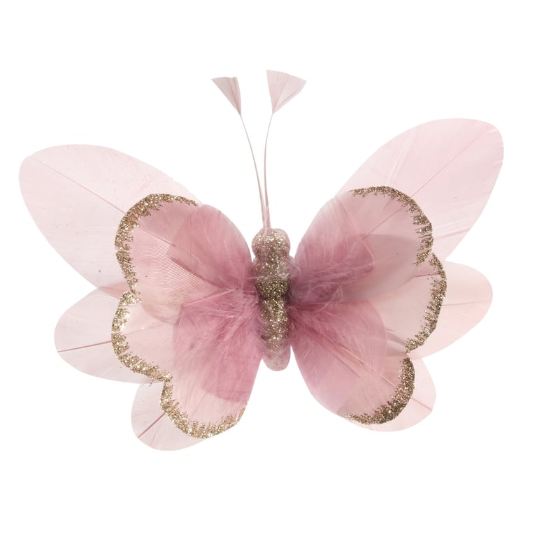14cm Pink Feather & Glitter Butterfly Decorations - Pack of 6 Home Decor Ornaments