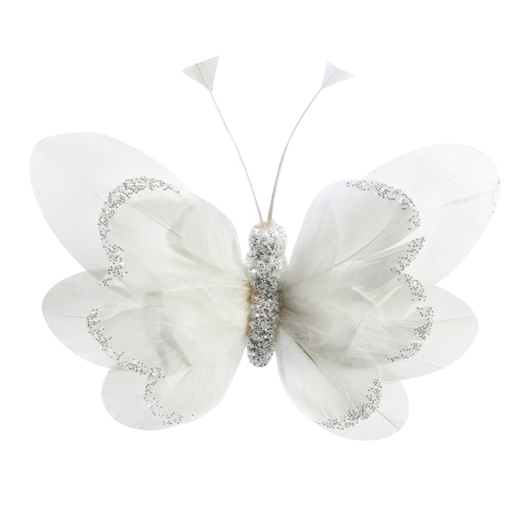 14cm White Feather & Glitter Butterfly Decorations, Pack of 6 - Party Supplies & Home Garden Embellishments