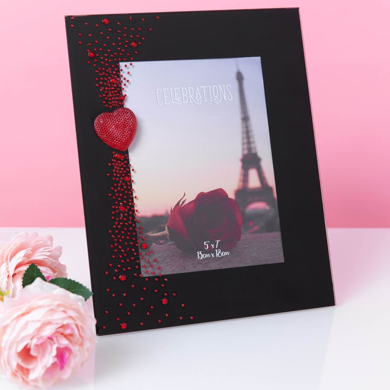 Glass Photo Frame with Red Heart Design, 5x7 Inch Home Decorative Holder