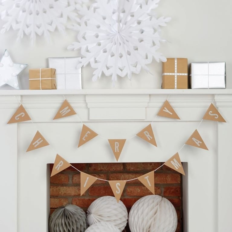 Kraft and Silver Foil Merry Christmas Garland - Festive Holiday Home Decorations