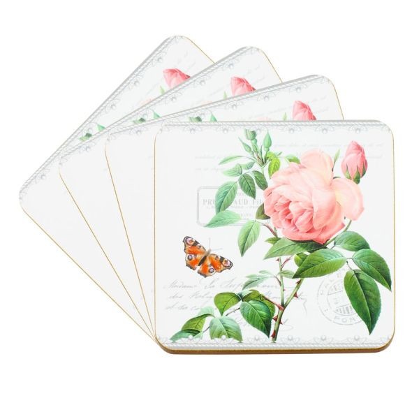 Redoute Rose Coasters Set 4 by Leonardo Collection - Elegant Home Decor Protection for Kitchen Tables