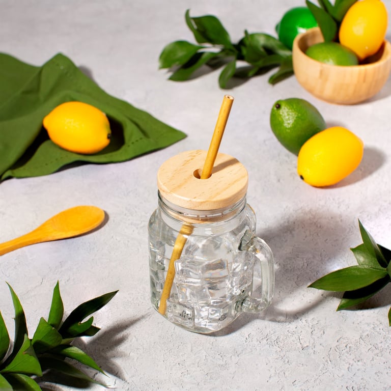 Glass Mason Jar Set with Reusable Bamboo Straws - Home Decor & Kitchen Storage Solution